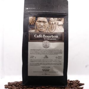 Sachet de café Bourbon Pointu Morère 1897 en grains 500g vu de profil, emballage kraft artisanal