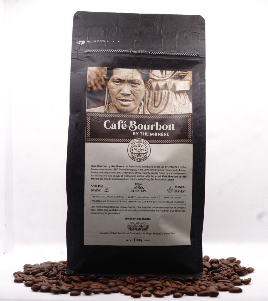 Sachet de café Bourbon Pointu Morère 1897 en grains 500g vu de profil, emballage kraft artisanal