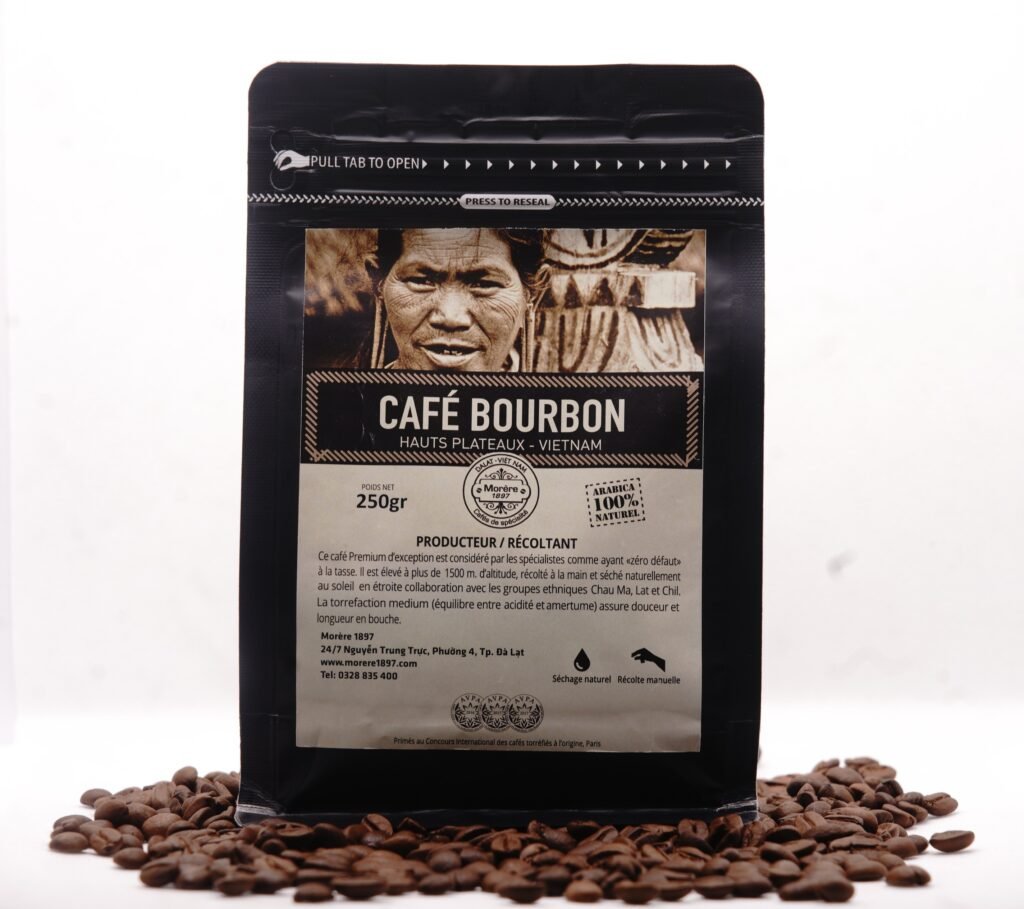 Sachet de café Bourbon Rond Morère 1897 en grains 250g vu de profil, emballage kraft artisanal